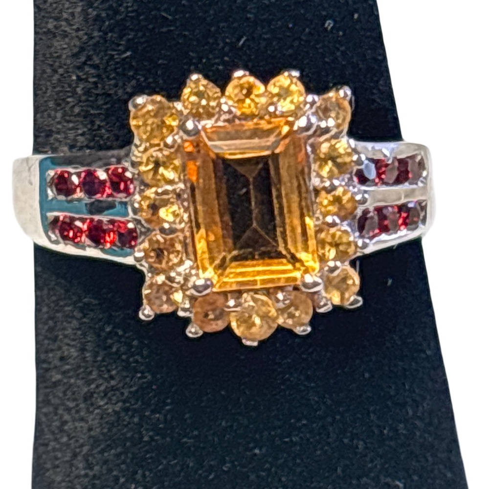 Elegant Silver Ring with Yellow and Red Stones 925 Sterling Silver Size 7